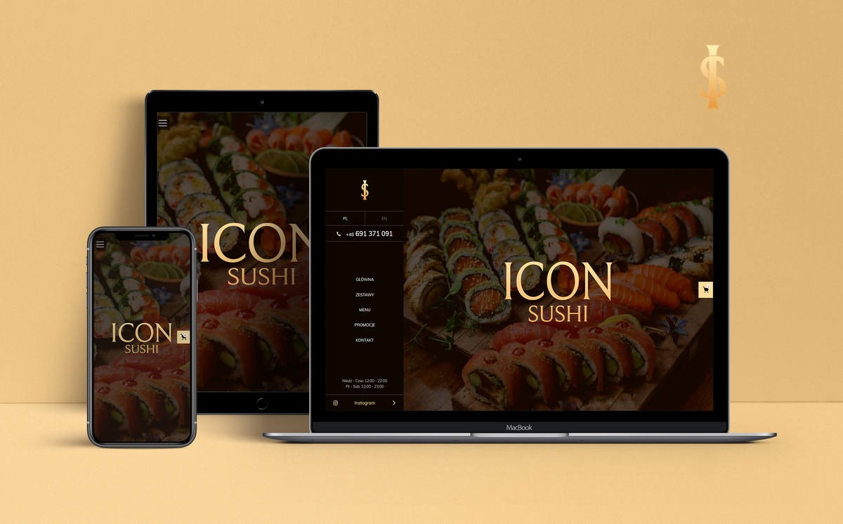 Responsywna strona internetowa warszawskiej restauracji sushi 'Icon Sushi' wyświetlana na laptopie, tablecie i smartfonie. Złote logo i menu na ciemnym tle z apetycznymi zdjęciami sushi.