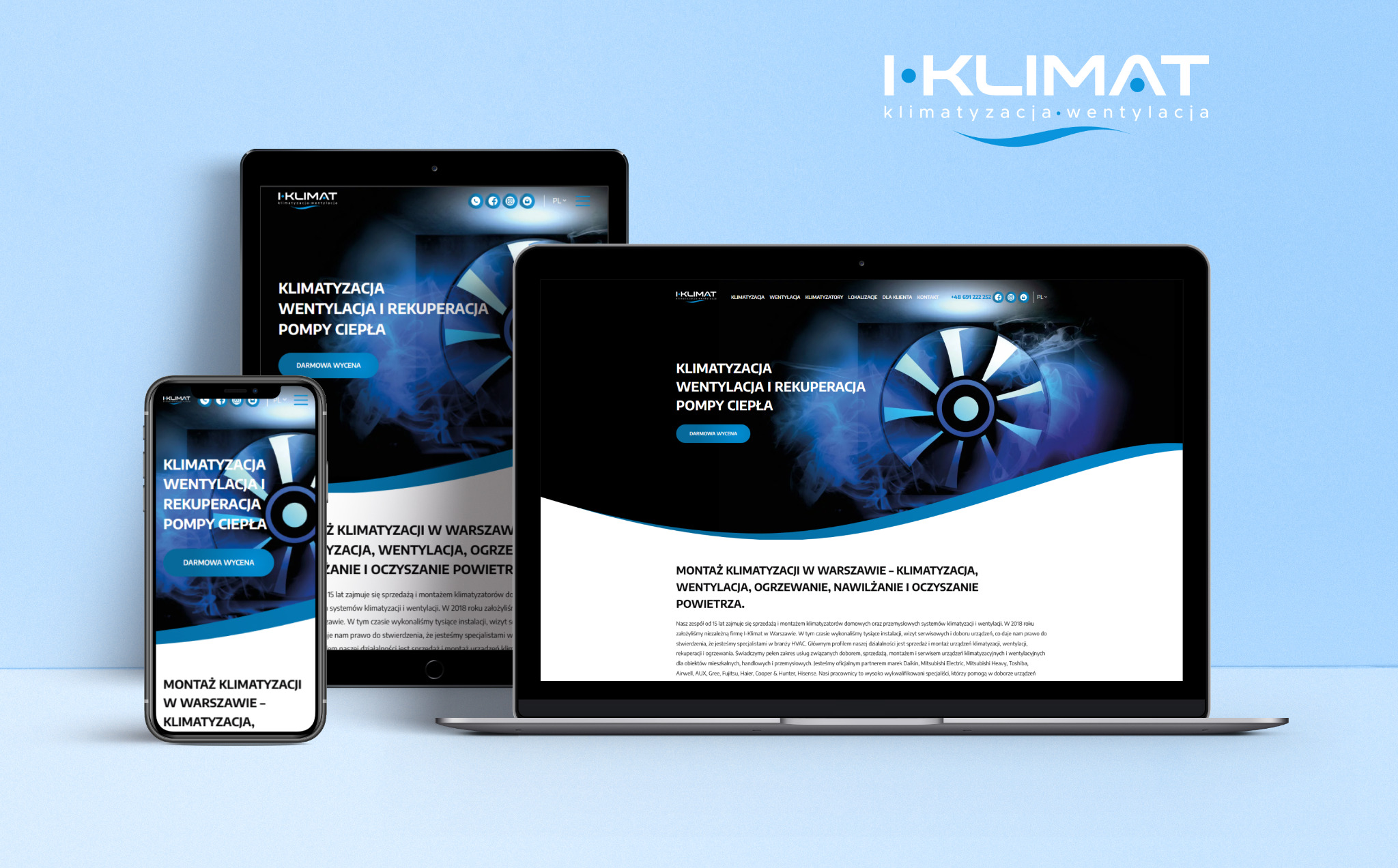 Responsywna strona internetowa firmy klimatyzacyjnej I-Klimat wyświetlana na laptopie, tablecie i smartfonie, prezentująca usługi klimatyzacji, wentylacji i rekuperacji.