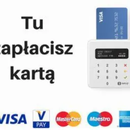 Terminal płatniczy z włożoną kartą Visa, na białym tle, z napisem 'Tu zapłacisz kartą' oraz logotypami akceptowanych kart płatniczych: Visa, V PAY, MasterCard, Maestro, American Express.