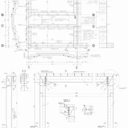 Rzut techniczny fundamentu i konstrukcji stalowej z detalami połączeń, przekrojami i wymiarami.