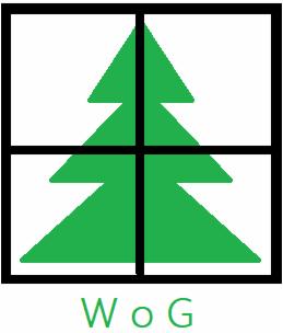 Grafika z zielonym drzewem iglastym w czarnej ramce z podziałem na cztery pola i napisem 'WoG' w dolnej części, na białym tle. Minimalistyczny design.