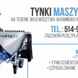 Profesjonalna maszyna tynkarska Kaleta 5S z informacją o wykonywaniu tynków maszynowych gipsowych i cementowo-wapiennych na terenie województwa warmińsko-mazurskiego oraz numerem telefonu...