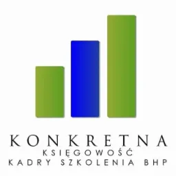 Logo firmy z trzema pionowymi słupkami w kolorach zieleni i niebieskim, symbolizującymi wzrost, pod nimi nazwa firmy i zakres usług: księgowość, kadry, szkolenia BHP.