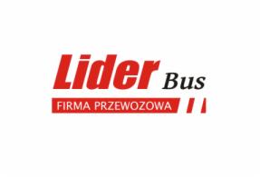 Czerwono-białe logo firmy Lider Bus z napisem 'Firma Przewozowa' na białym tle.