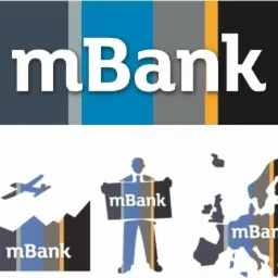 mBank logo variations: stylized text, man holding sign, plane over mountain graph, Europe map.