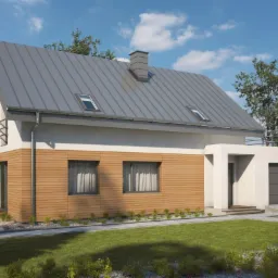 Wizualizacja domu jednorodzinnego z szarą blachą na dachu, drewnianą elewacją i garażem po prawej stronie, otoczonego zielonym trawnikiem i drzewami.