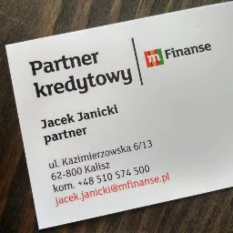 Wizytówka Partnera Kredytowego: Jacek Janicki, adres, telefon, e-mail. Logo 'm Finanse' w prawym górnym rogu. Białe tło, wyraźny druk.