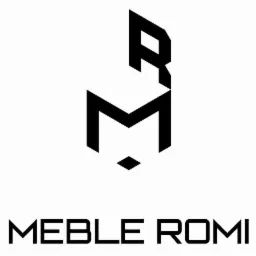Logo firmy MEBLE ROMI z geometrycznym symbolem litery R i M w czarnym kolorze na białym tle.