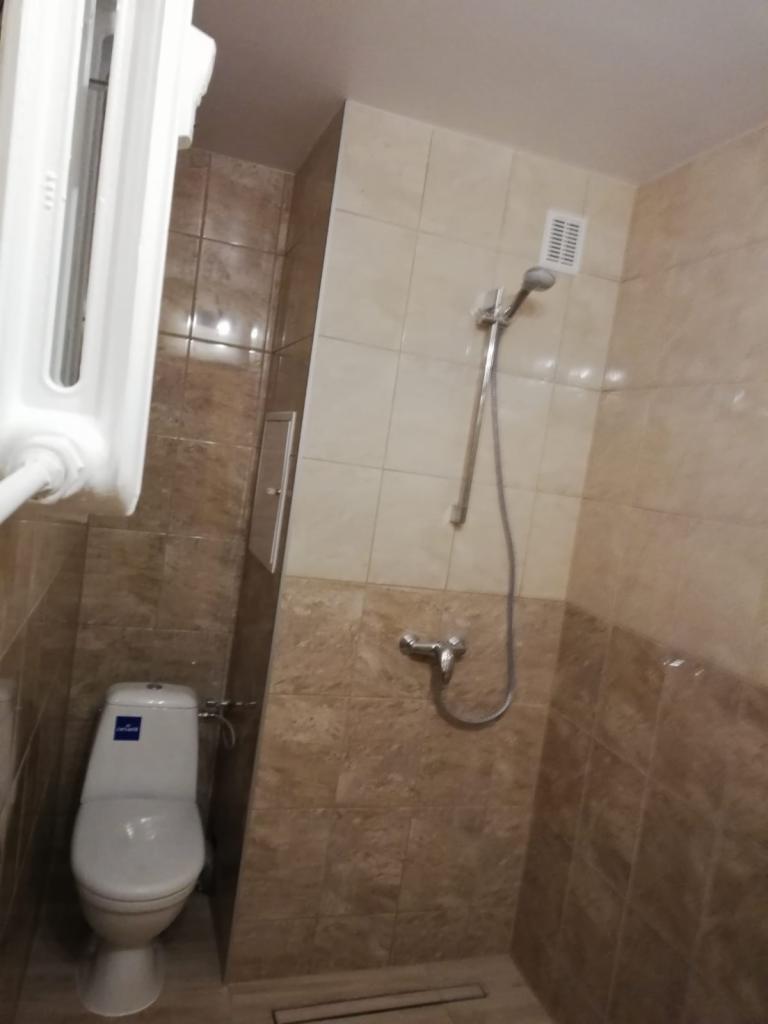 Wykończona łazienka z beżowymi płytkami imitującymi kamień, białą toaletą z niebieskim logo i grzejnikiem drabinkowym.