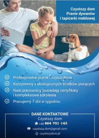 Reklama firmy oferującej usługi czyszczenia: mężczyzna z tabletem, dziewczynka i pies siedzą na czystym dywanie, w tle sofa. Widoczne hasła reklamowe i dane kontaktowe.
