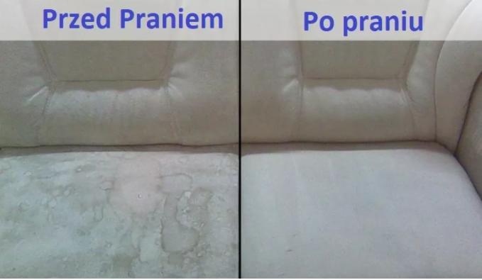 Porównanie: jasna kanapa z widocznymi plamami przed praniem i ta sama kanapa po profesjonalnym czyszczeniu, bez śladu zabrudzeń.