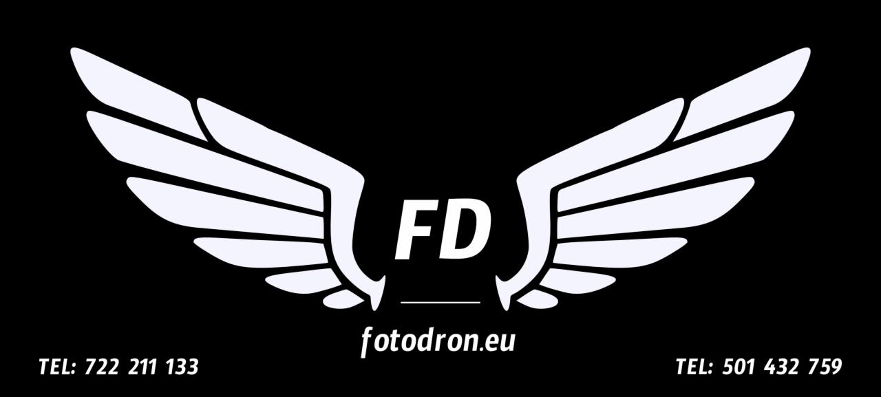 Logo firmy Fotodron.eu z białymi skrzydłami i napisem FD na czarnym tle, numery telefonów kontaktowych po bokach.