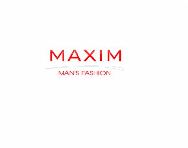 Logo firmy odzieżowej 'MAXIM Man's Fashion' w kolorze czerwonym na białym tle.