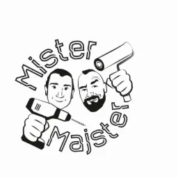 Czarno-biała grafika wektorowa przedstawiająca logo firmy remontowej: dwóch uśmiechniętych mężczyzn, wiertarka i wałek do malowania, otoczone napisem 'Mister Majster'.