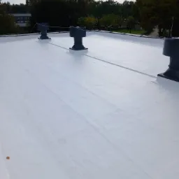 Biały, płaski dach pokryty płynną membraną z trzema kominami wentylacyjnymi. Widoczna struktura papy pod powłoką. W tle budynek i drzewa.