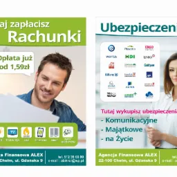 Ulotka reklamowa Agencji Finansowej ALEX oferująca możliwość opłacania rachunków i wykupowania ubezpieczeń, z ilustracjami uśmiechniętego mężczyzny i kobiety.