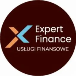 Logo firmy Expert Finance na okrągłym, brązowym tle. Znak graficzny w postaci stylizowanego pomarańczowo-niebieskiego znaku 'X' z napisem 'Expert Finance USŁUGI FINANSOWE'.