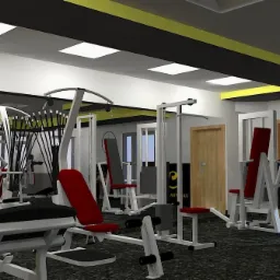 Fotorealistyczna wizualizacja 3D siłowni z białymi maszynami do ćwiczeń z czerwonymi akcentami, czarnym sufitem z żółtymi elementami dekoracyjnymi i logo firmy 'Fabryka Mocy' na ścianie.