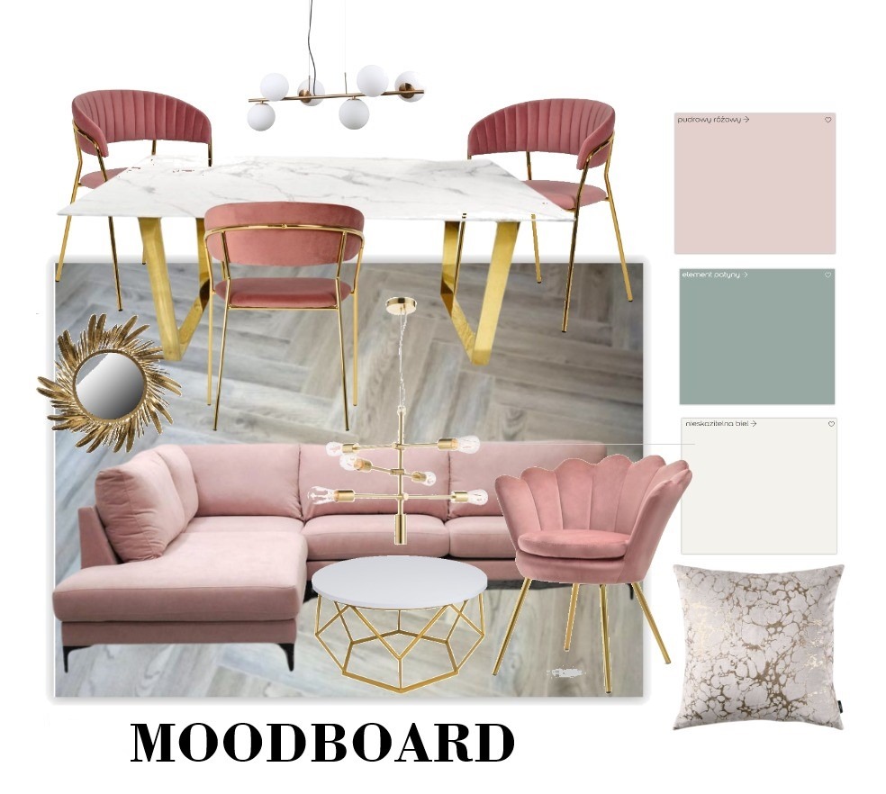 Moodboard prezentujący aranżację wnętrza z pudrowo różową sofą narożną, marmurowym stołem na złotych nogach, krzesłami welurowymi, złotym lustrem w kształcie słońca, nowoczesnymi lampami...