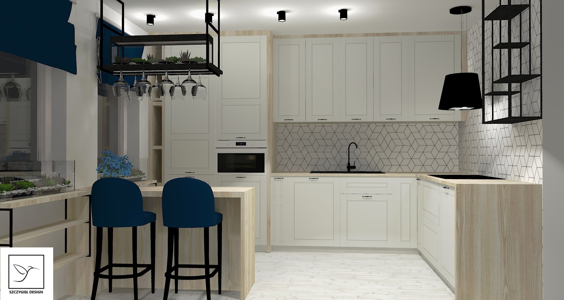 Wizualizacja fotorealistyczna kuchni w jasnych barwach z drewnianymi akcentami, wyspą z dwoma granatowymi krzesłami barowymi, dekoracyjnym regałem wiszącym nad wyspą, białymi szafkami...