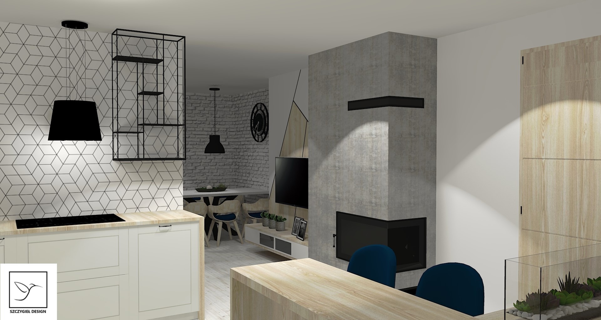 Wnętrze mieszkania z otwartą kuchnią, jadalnią i salonem; widoczna biała zabudowa kuchenna z czarną płytą indukcyjną, geometryczna tapeta, stół jadalny z krzesłami, betonowy kominek, telewizor...