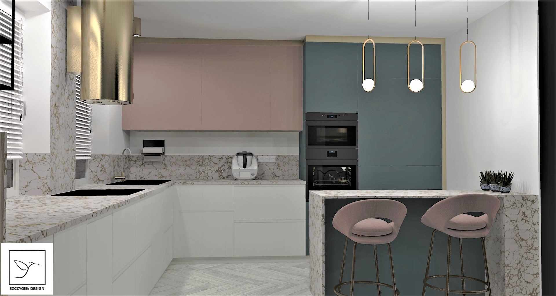 Fotorealistyczna wizualizacja 3D kuchni z wyspą, blaty i ściany wykończone marmurem, fronty szafek w kolorach pudrowego różu i szaro-zielonym, złoty okap cylindryczny, podłoga w jodełkę.