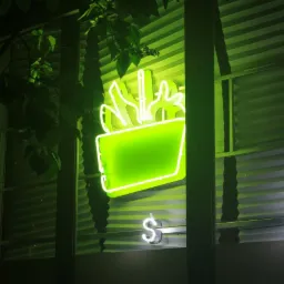 Neonowy szyld z motywem frytek w pudełku i symbolem dolara, oświetlony zielonym światłem, widoczny z zewnątrz przez okno z żaluzjami.