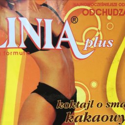 Okęcie air invest sp z oo - Opakowanie suplementu diety 'Linia Plus' z sylwetką kobiety w bieliźnie, promujące odchudzanie i koktajl o smaku kakaowym.