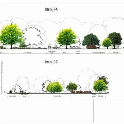 Przekroje A-A i B-B: schematyczny rysunek koncepcji nasadzeń drzew i krzewów w strefach izolacyjnej, reprezentacyjnej i mineralnej, z zaznaczonymi wysokościami roślin.