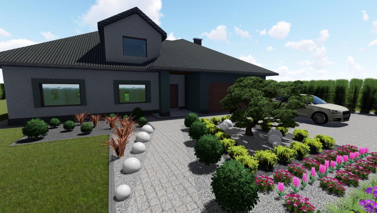 Wizualizacja ogrodu przed nowoczesnym domem z szarą elewacją, obejmująca kamienny chodnik z kulami dekoracyjnymi, rabaty z zielonymi krzewami i kwitnącymi kwiatami, oraz ozdobne trawy na tle...