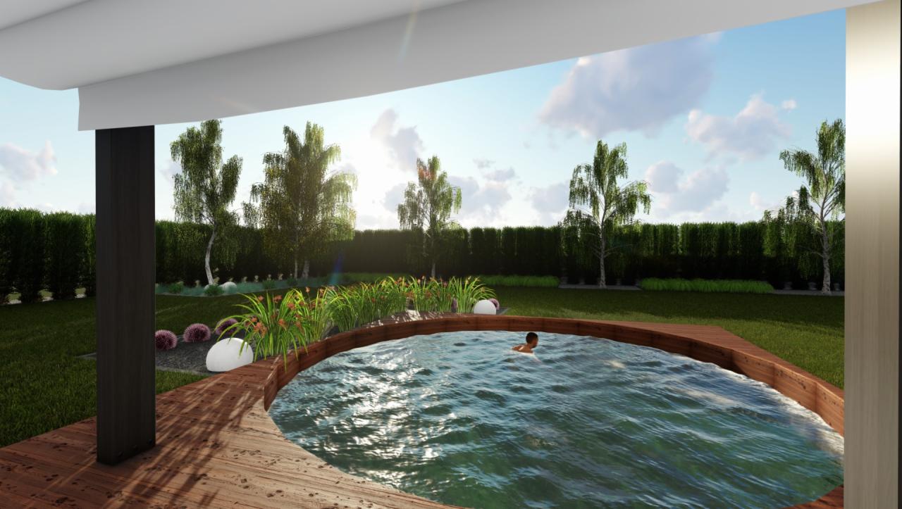 Wizualizacja ogrodu z drewnianą balią, w której pływa osoba, z widokiem na trawnik, krzewy i drzewa w słoneczny dzień.