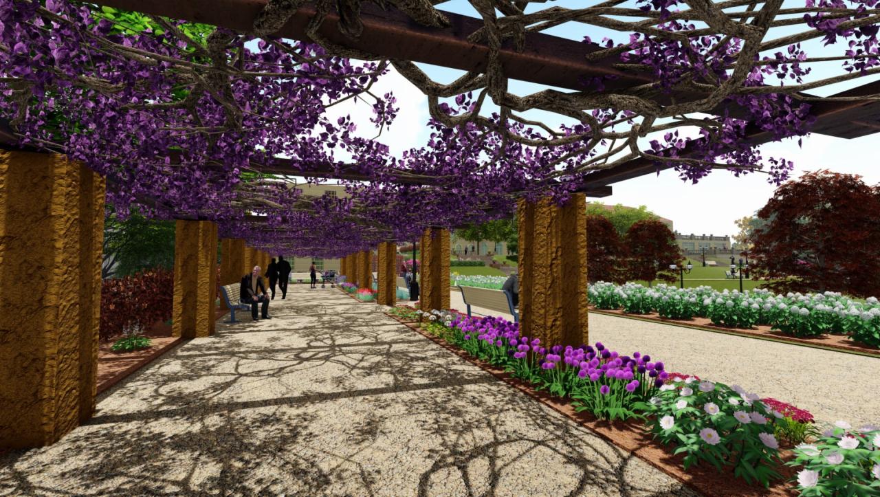 Wizualizacja alei z pergolą obrośniętą fioletową glicynią w Wałbrzychu, z ławkami i kwitnącymi rabatami, w tle budynek.
