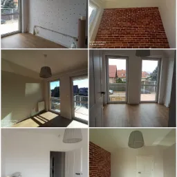 Wnętrze pokoju w trakcie remontu: ściana przygotowana do prac wykończeniowych z widocznymi punktami, fragment ściany z cegiełką dekoracyjną, podłoga wyłożona panelami, widoczne materiały budowlane.