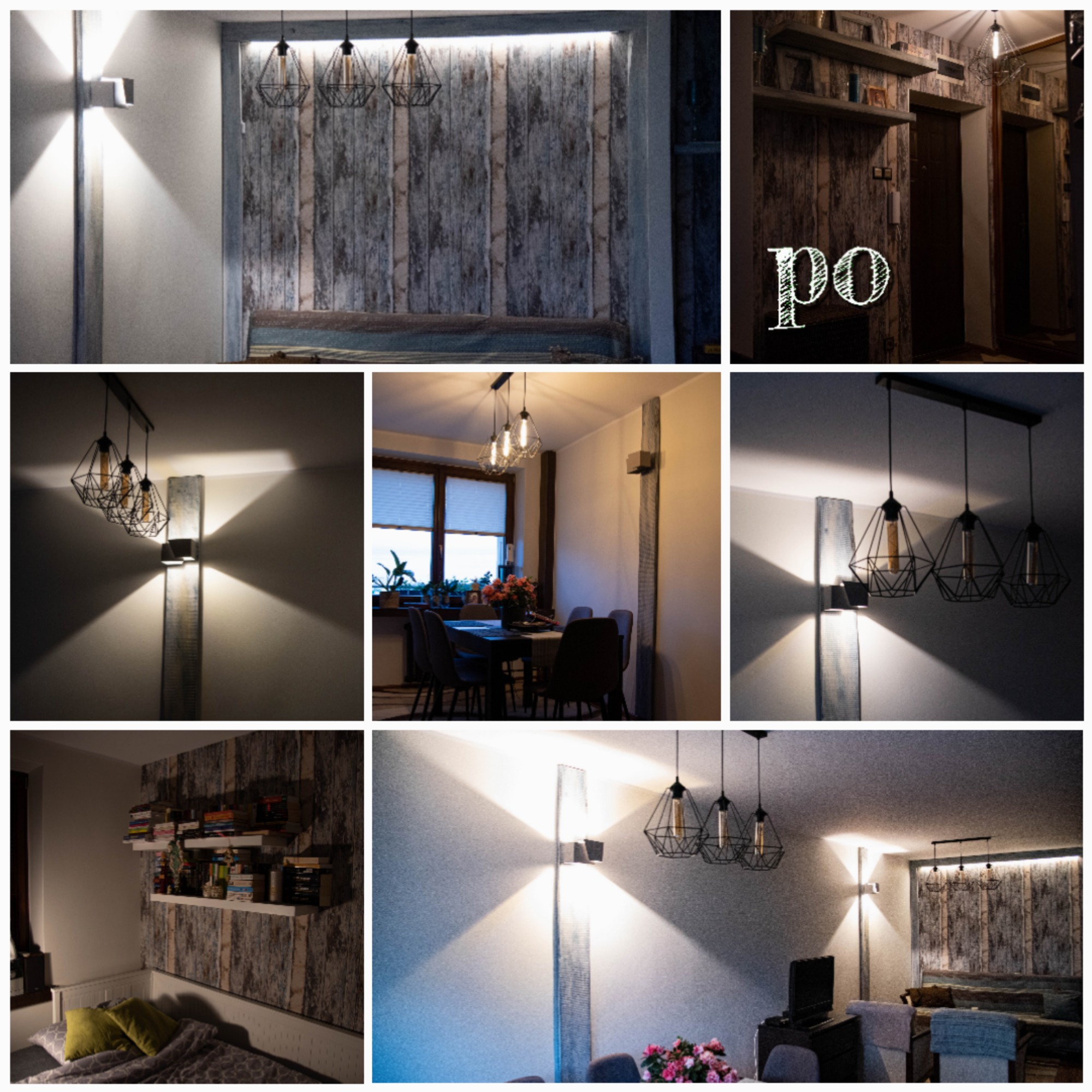 Mozaika zdjęć wnętrz z drewnianymi akcentami, oświetleniem punktowym i dekoracyjnymi lampami wiszącymi w stylu industrialnym.