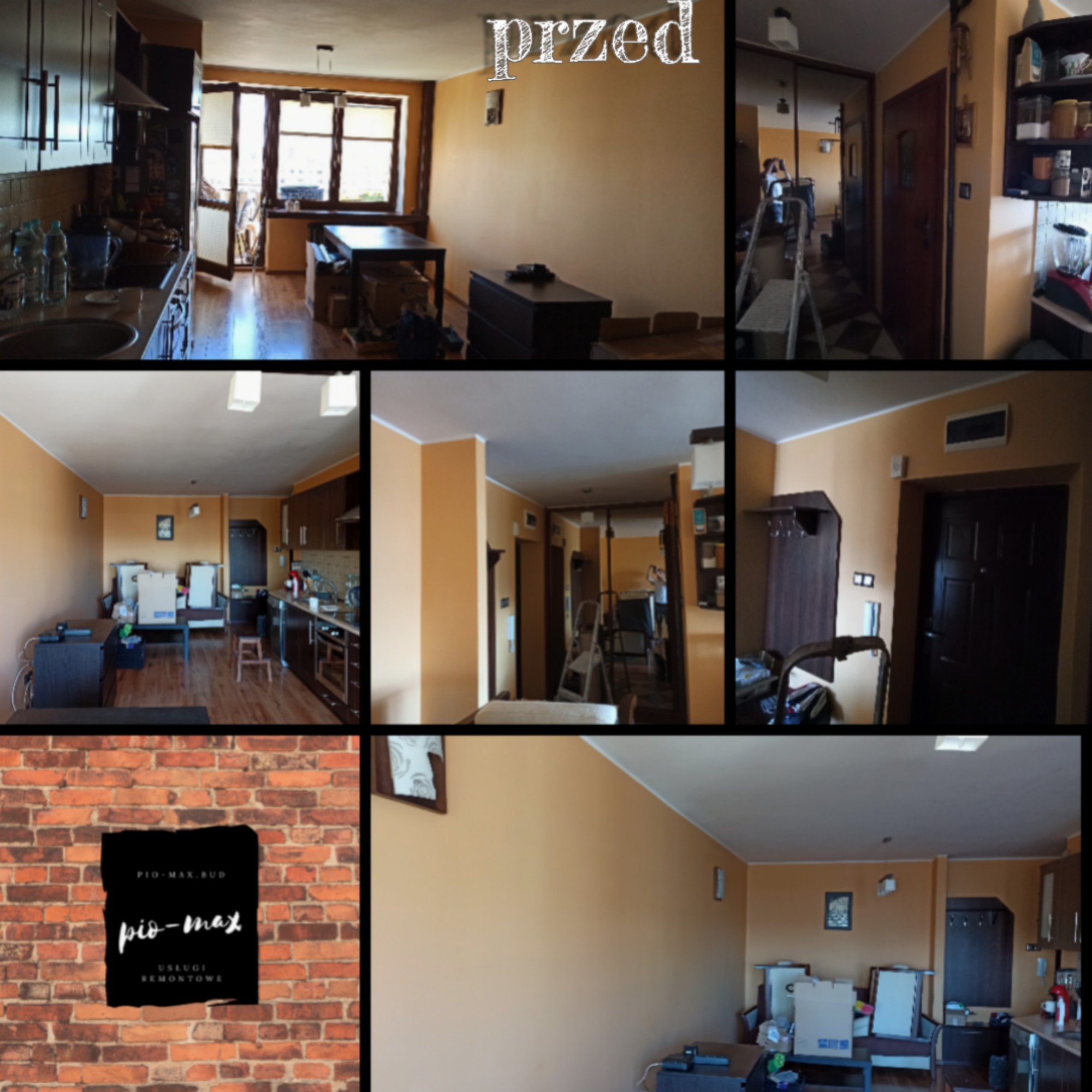 Kolaż zdjęć wnętrza mieszkania przed remontem, widoczne meble, kartony, ściany w kolorze beżowym, na jednym ze zdjęć logo firmy na tle muru z cegły.