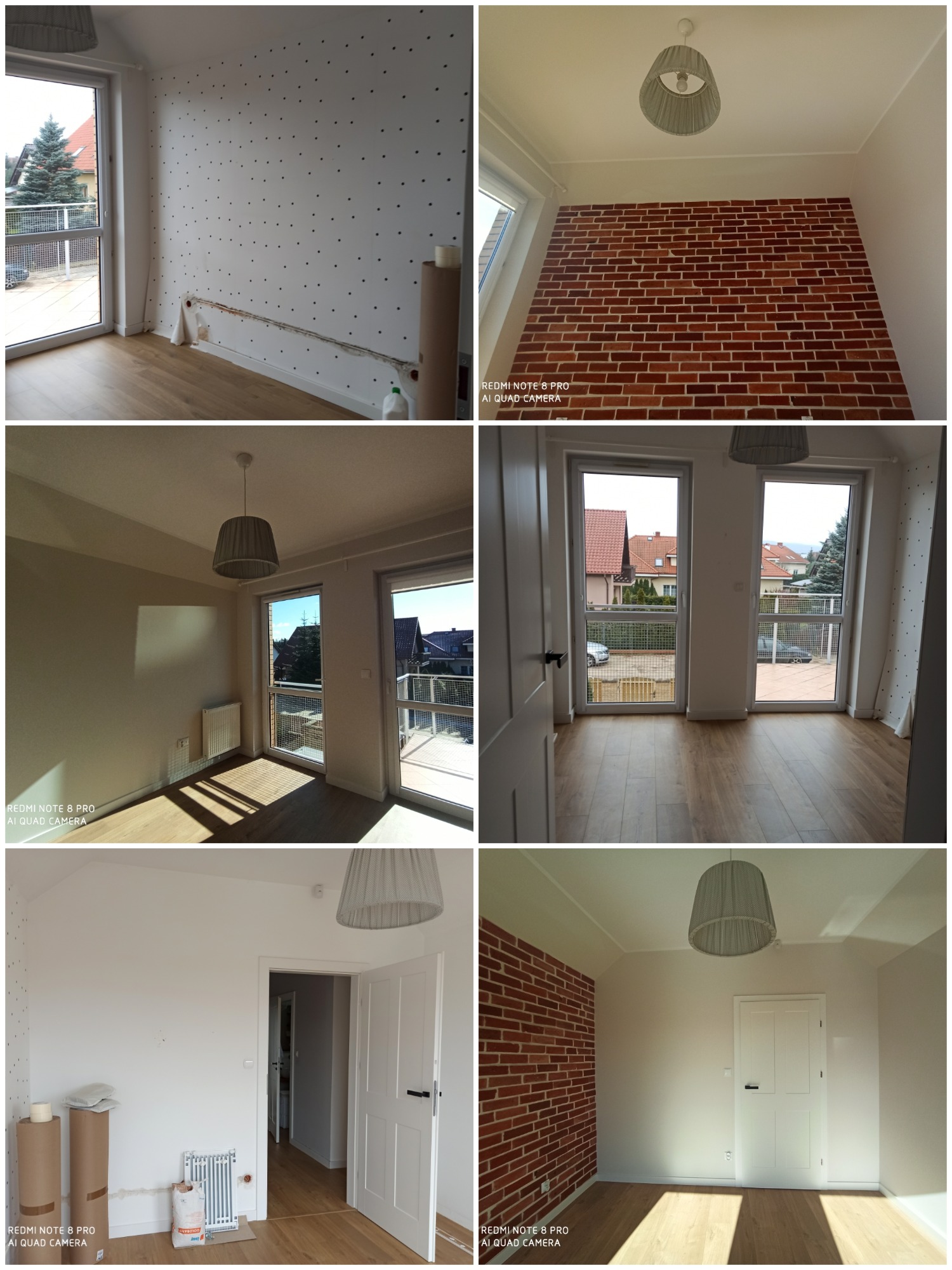 Wnętrze pokoju w trakcie remontu: ściana przygotowana do prac wykończeniowych z widocznymi punktami, fragment ściany z cegiełką dekoracyjną, podłoga wyłożona panelami, widoczne materiały budowlane.