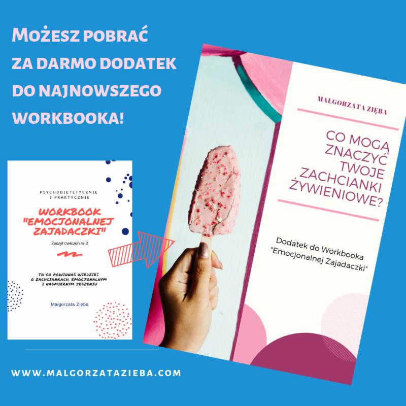 Promocja workbooka o emocjonalnym jedzeniu: darmowy dodatek. Na zdjęciu workbook i lód truskawkowy trzymany w dłoni, symbolizujący zachcianki żywieniowe.