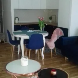 Jasne wnętrze z okrągłym stołem z ciemnoniebieskimi krzesłami, dekoracyjnym krzesłem z różowego futra i dwoma stolikami kawowymi z miedzianymi nogami na puszystym dywanie.