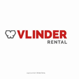 Logo firmy Vlinder Rental z szarym symbolem graficznym po lewej stronie i czerwonym napisem Vlinder nad szarym napisem Rental na białym tle.
