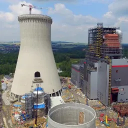 Widok z lotu ptaka na plac budowy elektrowni z chłodnią kominową w trakcie wznoszenia, widoczne żurawie, rusztowania i elementy konstrukcyjne.