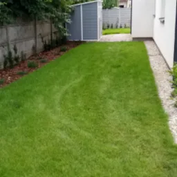 Świeżo skoszony trawnik z widocznymi pasami, obrzeża z kory i kamienia, szara drewutnia w tle, betonowe ogrodzenie po lewej stronie, nowoczesny dom po prawej.