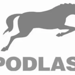 Szary logotyp firmy 'VAN group PODLASIE' z sylwetką skaczącego konia na białym tle.