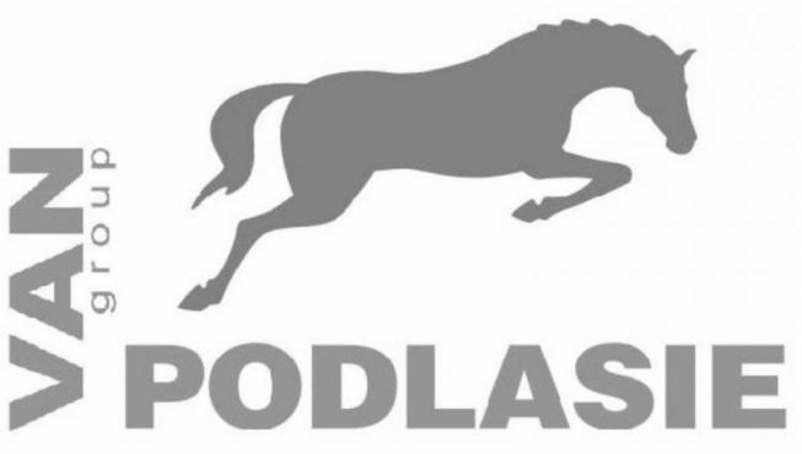 Szary logotyp firmy 'VAN group PODLASIE' z sylwetką skaczącego konia na białym tle.