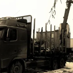 Ciężar&oacute;wka Volvo FH16 z kłonicami, załadowana drewnem, w trakcie rozładunku za pomocą dźwigu, w tle budynek i sterta pociętych pni, obok ciągnik rolniczy.