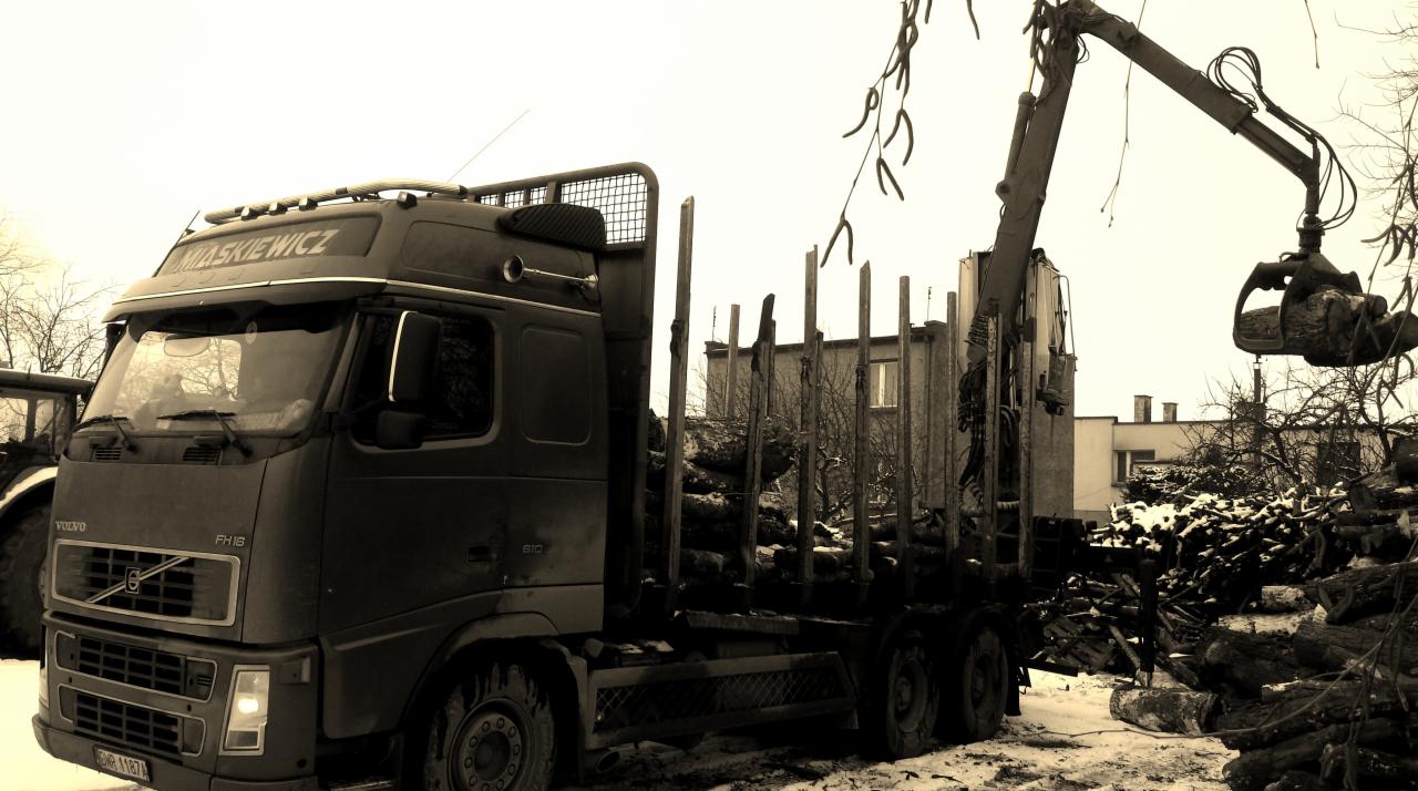 Ciężarówka Volvo FH16 z kłonicami, załadowana drewnem, w trakcie rozładunku za pomocą dźwigu, w tle budynek i sterta pociętych pni, obok ciągnik rolniczy.