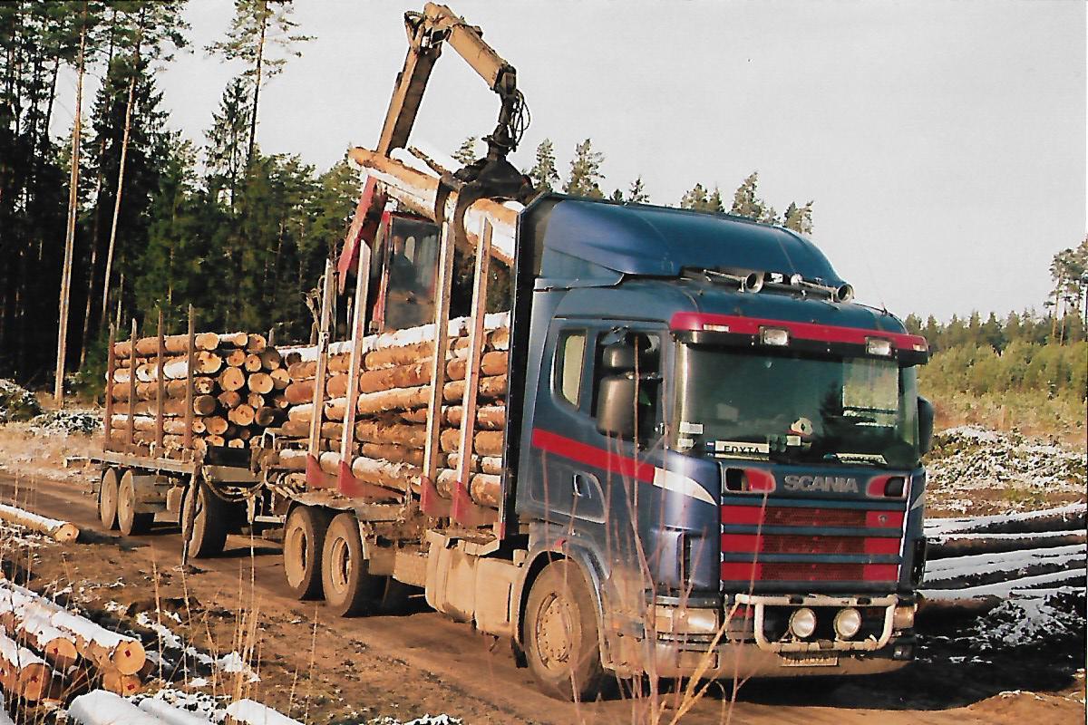 Ciężarówka Scania z hydraulicznym dźwigiem załadowana drewnem na przyczepie, w tle las i resztki śniegu.