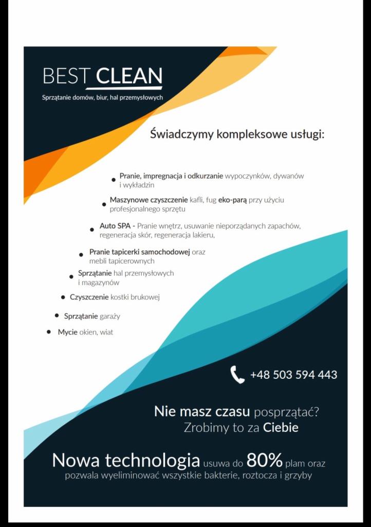 Ulotka reklamowa firmy Best Clean oferującej kompleksowe usługi sprzątania domów, biur i hal przemysłowych, w tym pranie dywanów, tapicerki, czyszczenie kafli parą i mycie okien, z podanym numerem...
