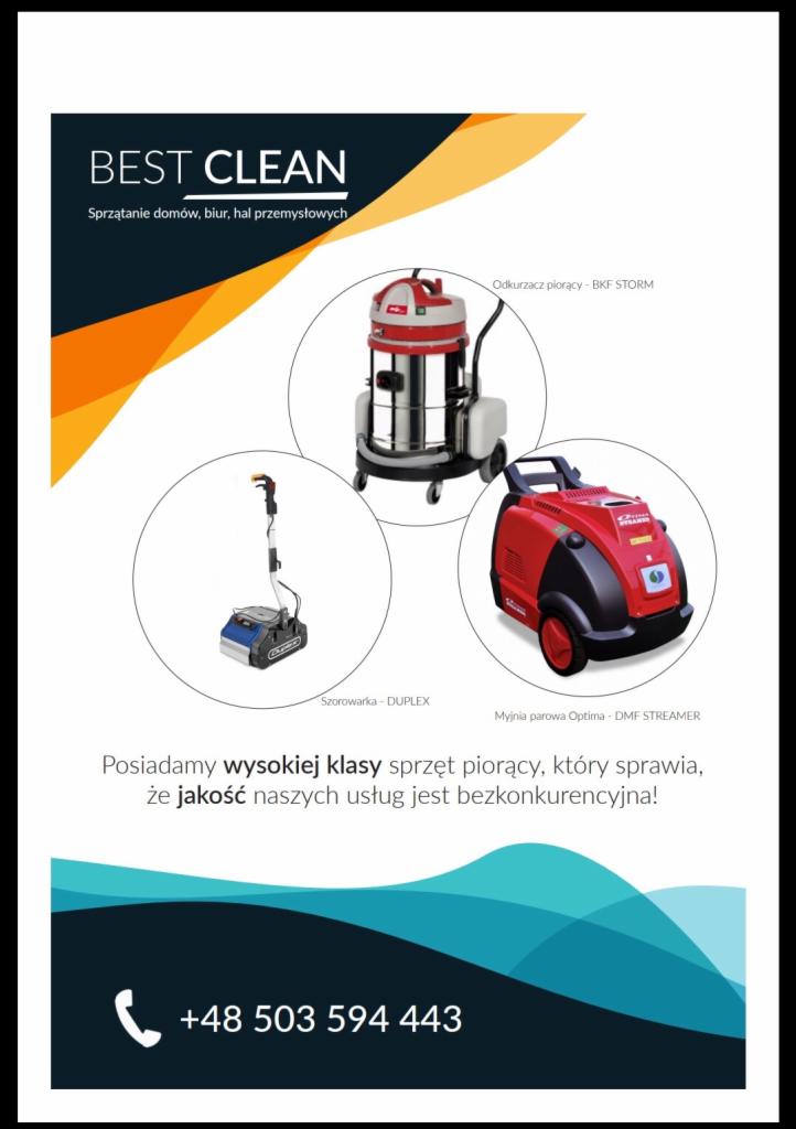 Reklama firmy sprzątającej prezentująca odkurzacz piorący BKF STORM, szorowarkę Duplex i myjnię parową Optima DMF Streamer.