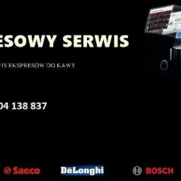 Reklama serwisu ekspresów do kawy z numerem telefonu, logotypami Jura, Saeco, DeLonghi, Bosch i Gaggia oraz wizualizacją ekspresu Jura.