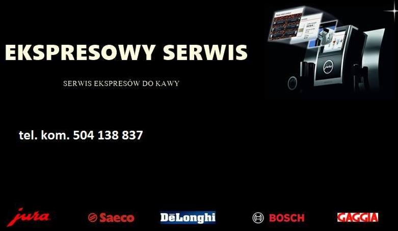 Reklama serwisu ekspresów do kawy z numerem telefonu, logotypami Jura, Saeco, DeLonghi, Bosch i Gaggia oraz wizualizacją ekspresu Jura.